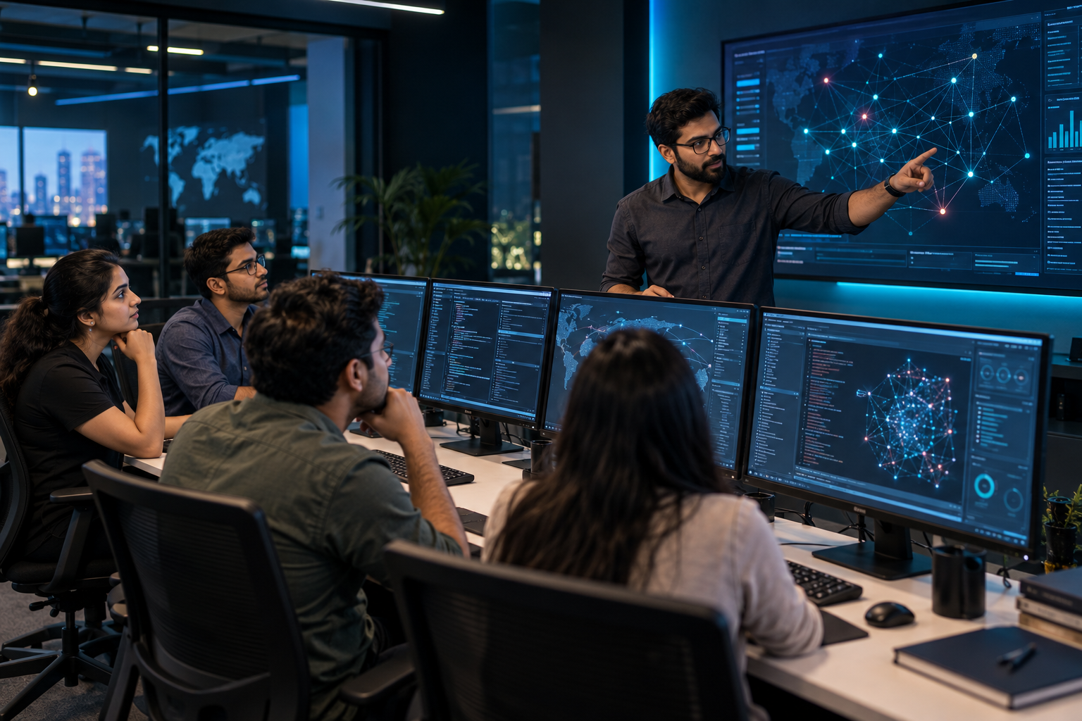 Professionals learning cybersecurity in a technical lab